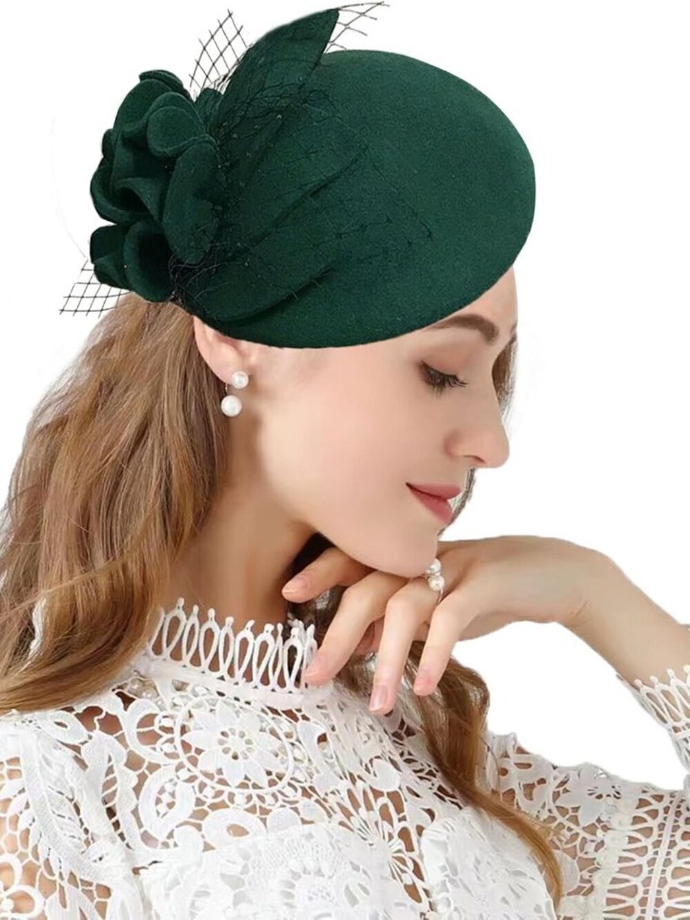 Women's Church Wedding Winter Vintage Fascinator Beret Wool Felt Veil Hat Green